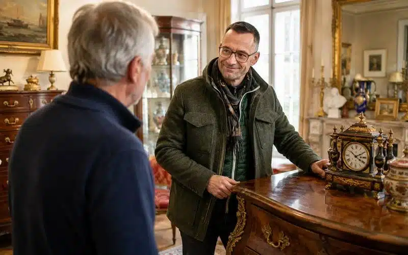 Thierry Maillot échange avec un client au sujet d'un meuble ancien
